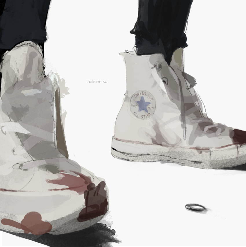 1boy, blood, converse, highres, jewelry, jujutsu_kaisen, okkotsu_yuuta, ring, shaku_netsu, simple_background, white_background, white_footwear