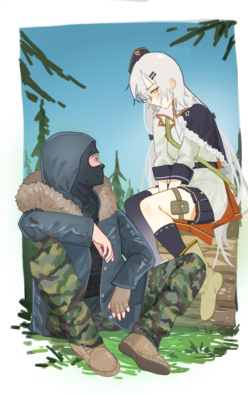 1boy, 1girl, absurdres, asymmetrical_legwear, balaclava, black_headwear, black_skirt, black_socks