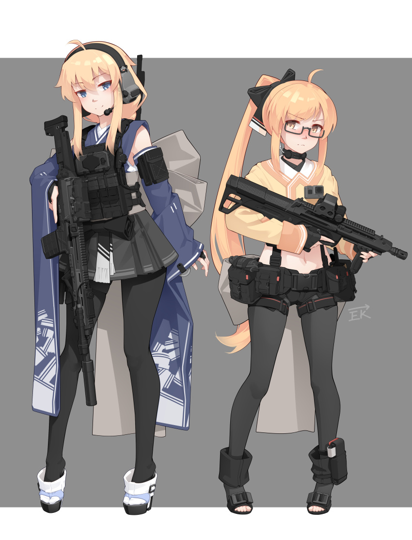 2girls, absurdres, ahoge, ammunition_pouch, bare_shoulders, black_pantyhose, blonde_hair, blue_eyes