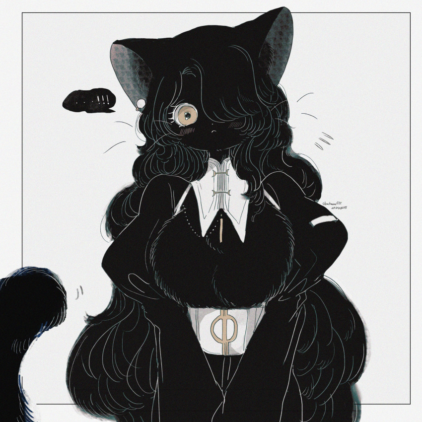1girl, :<, absurdres, animal_ear_fluff, animal_ears, annei_(obakeno555), black_dress, black_fur, black_hair, black_tail, blush, brown_eyes, cat_ears, cat_girl, cat_tail, closed_mouth, commentary, cowboy_shot, dated, dot_nose, dress, earrings, english_commentary, flying_sweatdrops, furry, furry_female, hair_over_one_eye, highres, jewelry, juliet_sleeves, limited_palette, long_hair, long_sleeves, looking_at_viewer, one_eye_covered, original, outside_border, puffy_sleeves, single_earring, solo, straight-on, tail, twitter_username, v_arms, very_long_hair, wavy_hair
