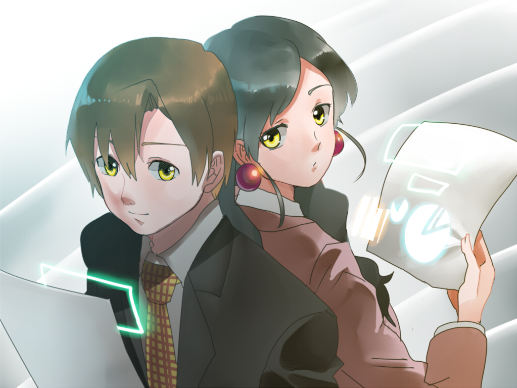 1boy, 1girl, agata_no_michi, black_hair, black_suit, brown_hair, closed_mouth, collared_shirt, commentary_request, earrings, expressionless, graph, holding, holding_paper, jewelry, lalavoice, long_hair, looking_at_another, necktie, oneesan_(lalavoice), oniisan_(lalavoice), paper, plaid_necktie, red_suit, shirt, short_hair, single_hair_intake, smile, sphere_earrings, suit, white_shirt, yellow_eyes, yellow_necktie