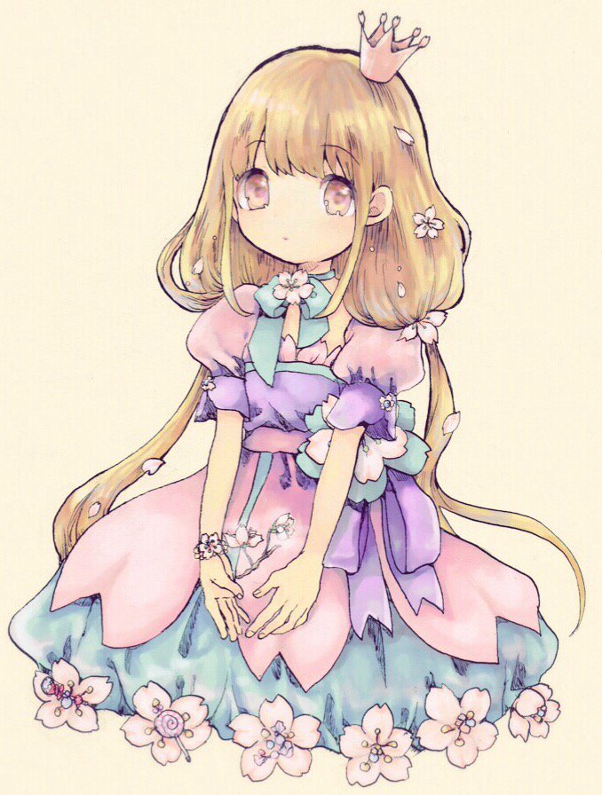 1girl, blonde_hair, brown_eyes, comeco, crown, dress, expressionless, flower