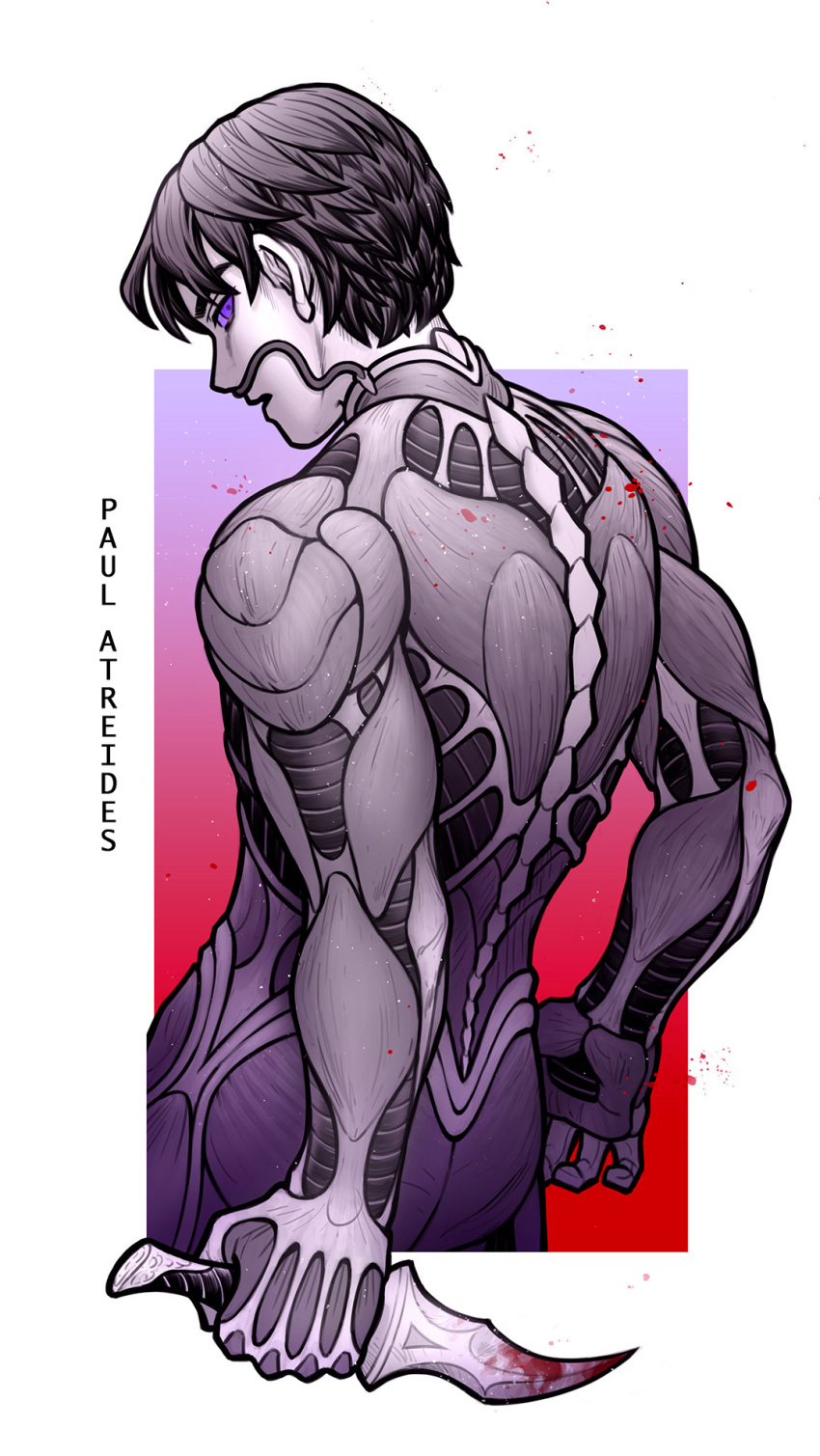 1boy, blood, blood_on_weapon, bodysuit, commentary, dune_(series), english_commentary, from_behind