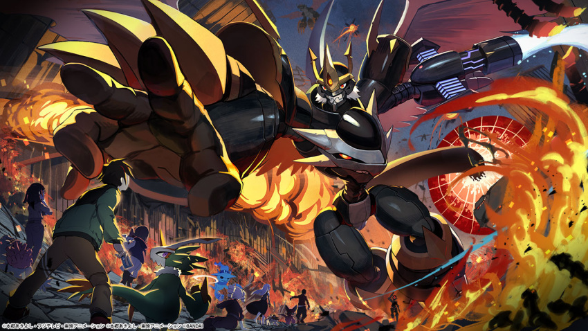 2boys, 5girls, belt, blue_fire, cannon, character_request, destruction, digimon
