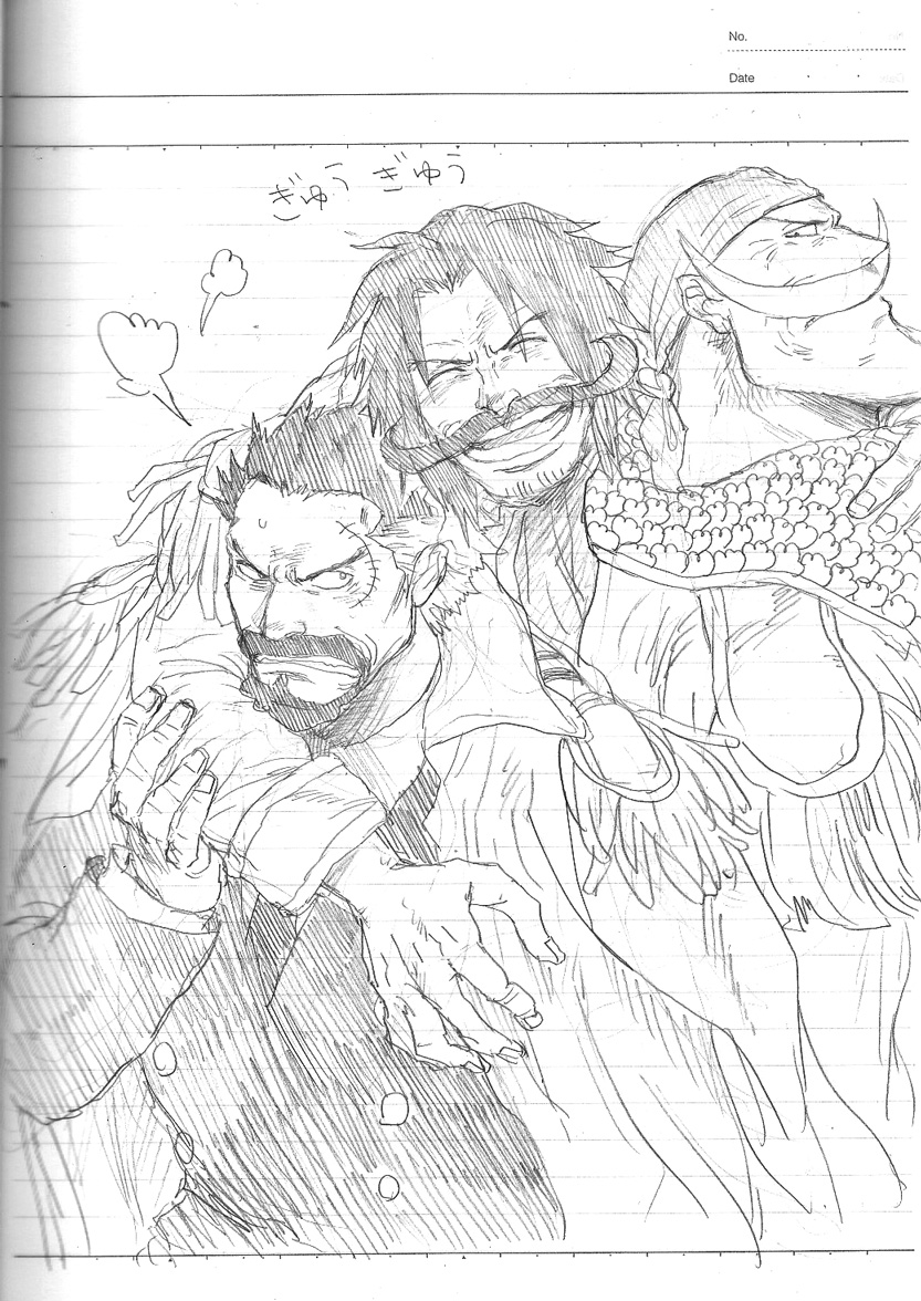 3boys, ^_^, bandana, beard, beard_stubble, buttons, closed_eyes, coat, collared_coat, edward_newgate, epaulettes, facial_hair, gol_d._roger, greyscale, jacket, male_focus, monkey_d._garp, mono_(caoton), monochrome, multiple_boys, mustache, one_piece, puff_of_air, scar, scar_on_face, short_hair, smile, stubble