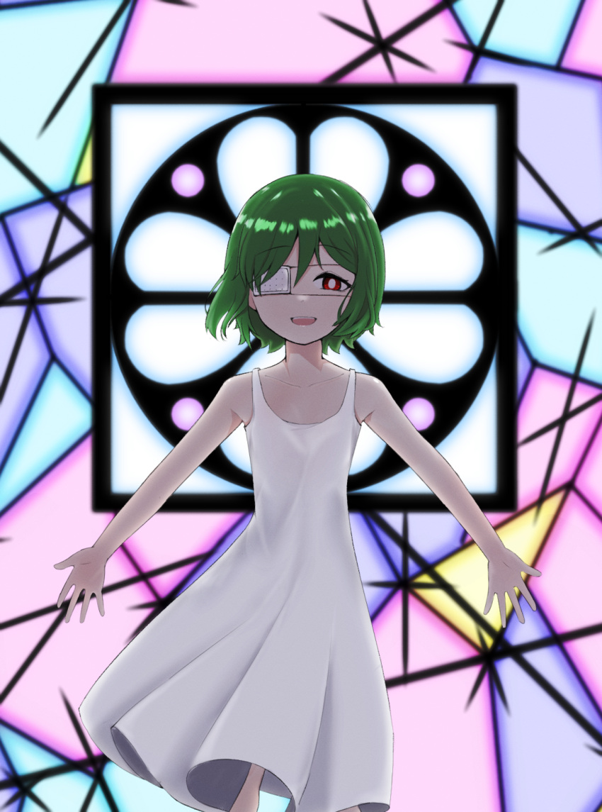 1girl, bright_pupils, clover, collarbone, commentary, dress, eyepatch, flat_chest, four-leaf_clover, green_hair, hair_between_eyes, handiro, happy, highres, lala_(watashi_no_koko), lalavoice, logo, looking_at_viewer, open_mouth, outstretched_arms, petite, red_eyes, short_hair, smile, solo, spread_arms, stained_glass, teeth, upper_teeth_only, watashi_no_koko, white_dress, white_pupils