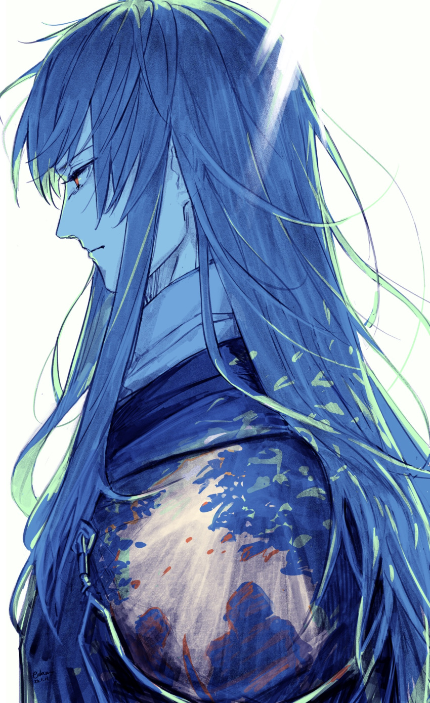 1boy, blue_hair, cape, closed_mouth, commentary, dated, dias_flac, edamo