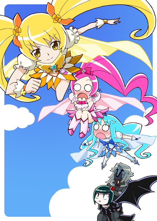 4girls, blonde_hair, blue_background, blue_dress, blue_hair, blush, cure_blossom, cure_marine