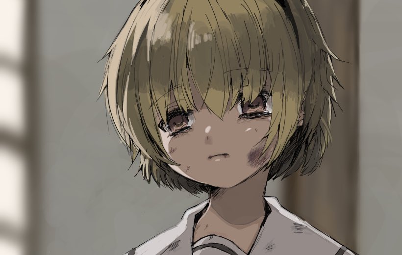 1girl, abuse, black_hairband, blonde_hair, blurry, blurry_background, brown_eyes, bruise