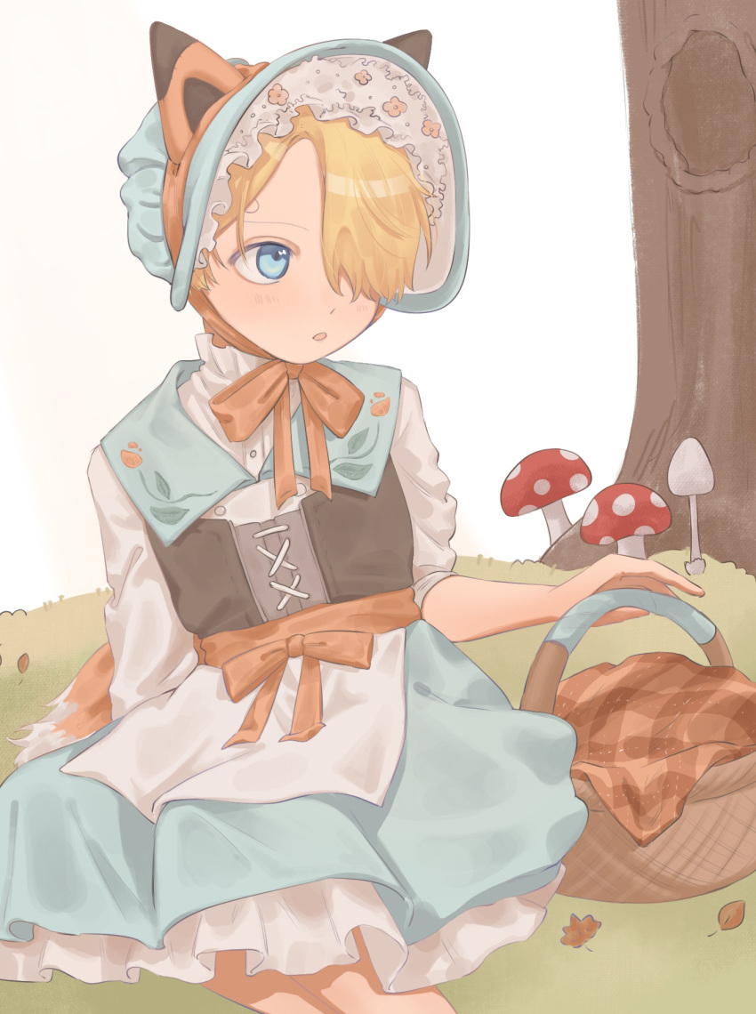 1boy, :o, aged_down, animal_ears, basket, blonde_hair, blue_dress, blue_eyes