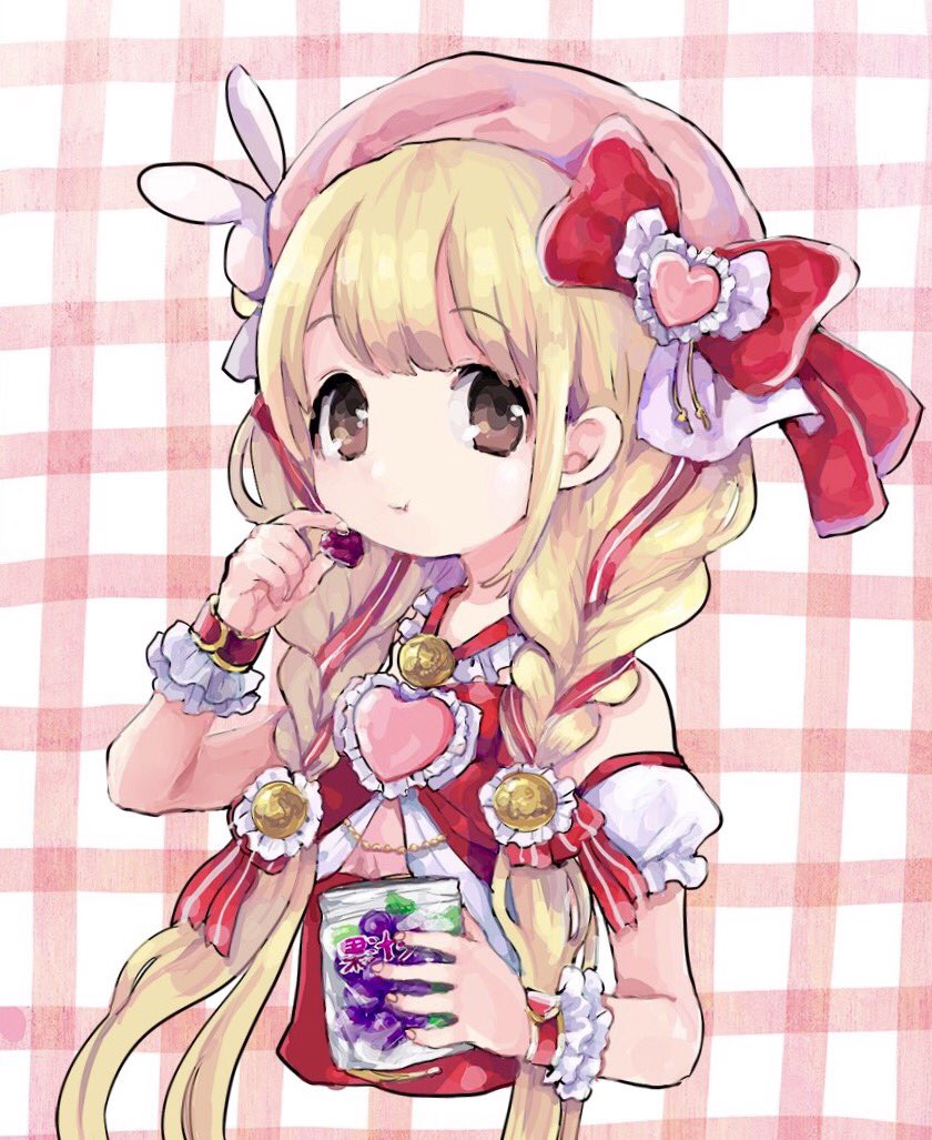 1girl, :t, blonde_hair, brown_eyes, comeco, detached_sleeves, eating, futaba_anzu, gummy_bear, heart, idolmaster, idolmaster_cinderella_girls, long_hair, looking_at_viewer, low_twintails, pink_headwear, puffy_detached_sleeves, puffy_sleeves, solo, twintails, upper_body, wrist_cuffs