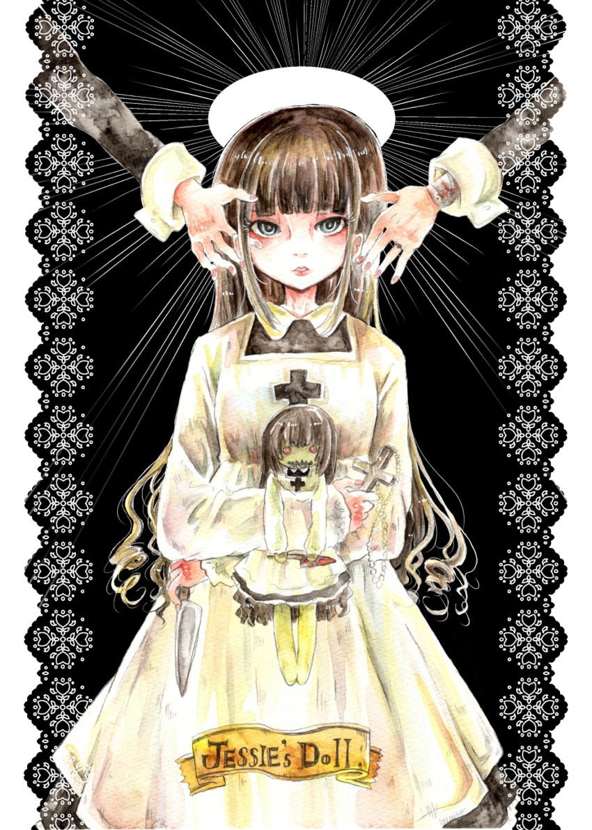 1girl, black_background, border, brown_hair, character_name, cross, disembodied_limb, doll