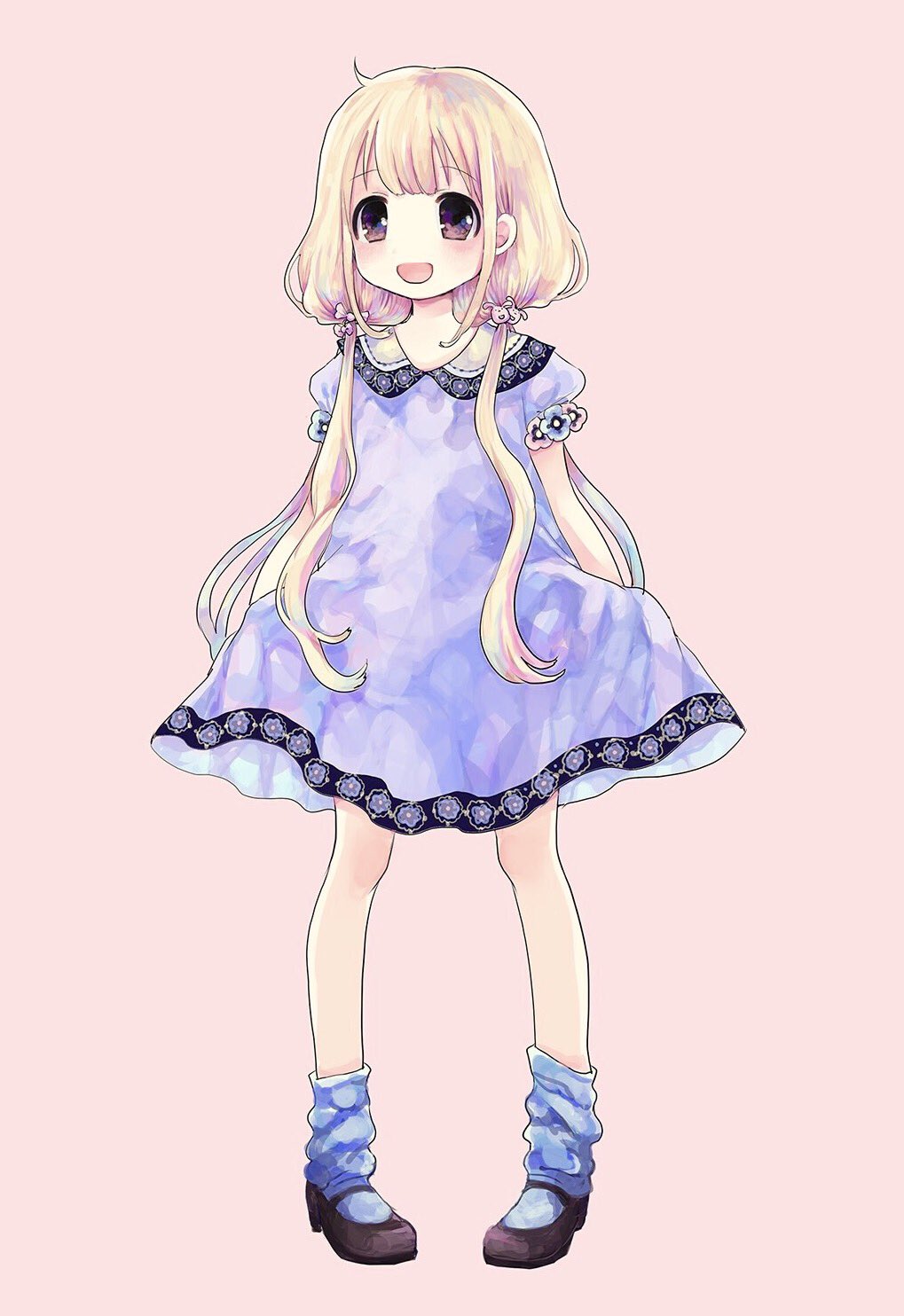 1girl, blonde_hair, blush, brown_eyes, collared_dress, comeco, dress, full_body, futaba_anzu, highres, idolmaster, idolmaster_cinderella_girls, long_hair, loose_socks, low_twintails, mary_janes, open_mouth, purple_dress, shoes, short_sleeves, smile, socks, solo, twintails