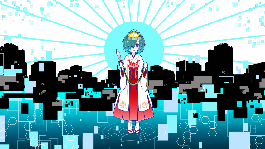 1girl, bright_pupils, flower, full_body, glitch, green_hair, hair_flower, hair_ornament