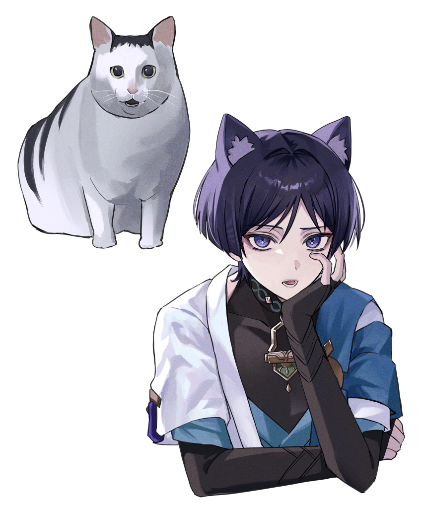1boy, absurdres, animal_ear_fluff, animal_ears, black_shirt, blue_cape, bridal_gauntlets, cape