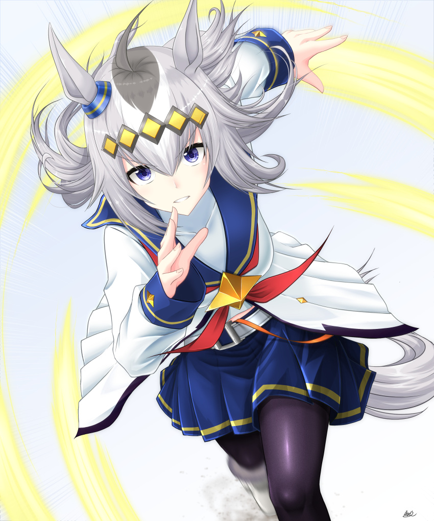1girl, absurdres, ahoge, animal_ears, black_pantyhose, blue_eyes, blue_skirt, commentary_request