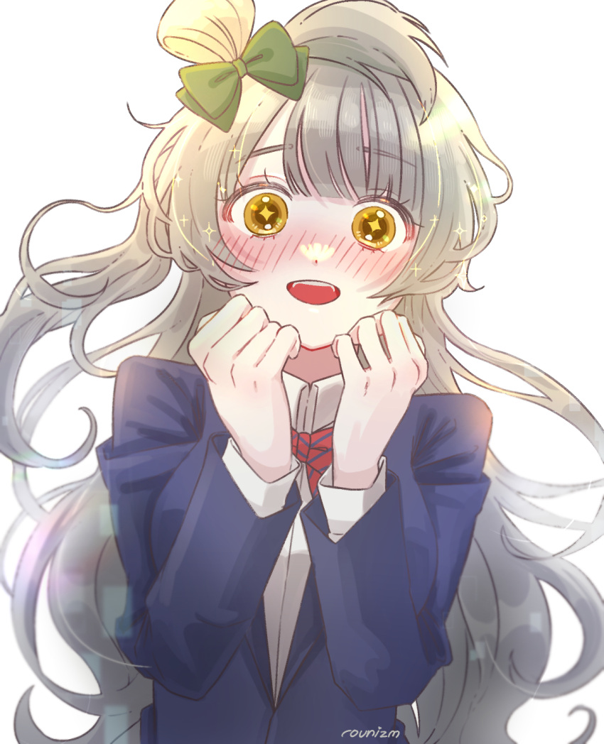 1girl, artist_name, blazer, blue_jacket, bow, bowtie, collared_shirt, commentary_request