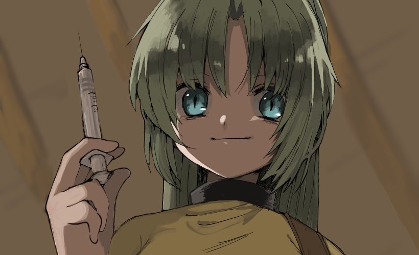1girl, blue_eyes, blurry, blurry_background, check_commentary, commentary_request, crazy_eyes, daamiyan
