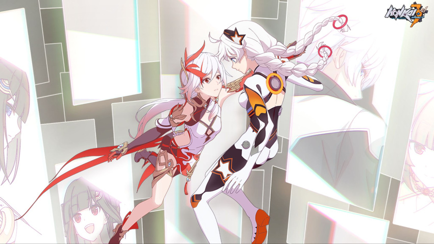 ahoge, ass, asymmetrical_gloves, blue_eyes, bodysuit, braid, chinese_clothes, closed_mouth, elbow_gloves, floating, fu_hua, fu_hua_(phoenix), fuxi_(honkai_impact), gloves, gradient_hair, hand_on_another's_wrist, highres, honkai_(series), honkai_impact_3rd, kevin_kaslana, kiana_kaslana, kiana_kaslana_(white_comet), li_sushang, logo, long_hair, looking_at_another, low_ponytail, multicolored_hair, nuwa_(honkai_impact), official_art, parted_lips, red_eyes, red_headwear, thighlet, twin_braids, white_bodysuit, white_hair
