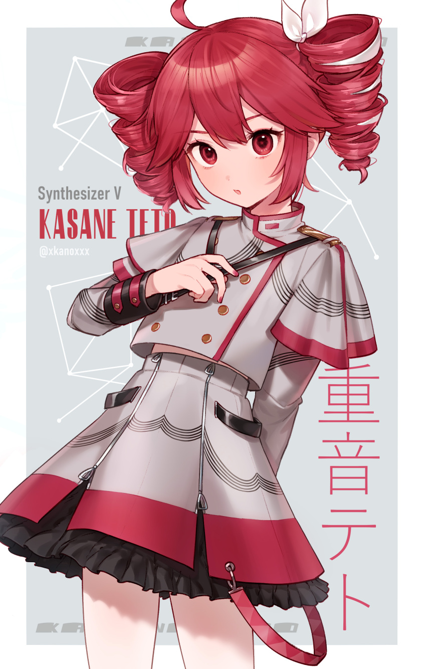 1girl, absurdres, ai_kusunoki, bow, buttons, character_name, copyright_name, cropped_jacket, double-breasted, drill_hair, hair_bow, hand_on_own_chest, highres, kasane_teto, kasane_teto_(sv), long_sleeves, looking_at_viewer, midriff_peek, nail_polish, open_mouth, red_eyes, redhead, skirt, solo, synthesizer_v, twin_drills, twintails, utau