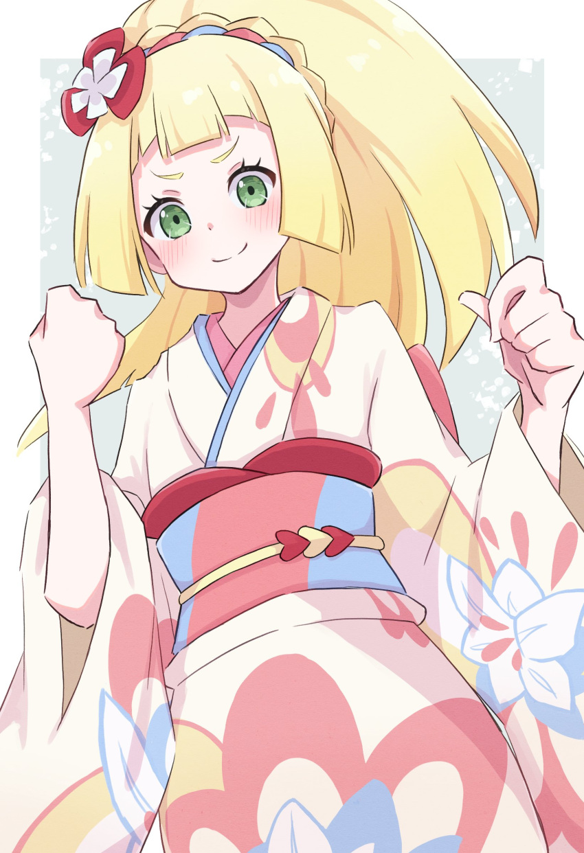 1girl, absurdres, blonde_hair, blush, clenched_hands, closed_mouth, green_eyes, highres
