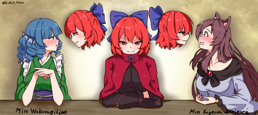 3girls, animal_ears, blue_eyes, blue_hair, brooch, brown_hair, dress, drill_hair, fins, frilled_kimono, frills, green_kimono, head_fins, highres, imaizumi_kagerou, japanese_clothes, jewelry, kimono, ldschem16, multiple_girls, multiple_heads, open_mouth, red_eyes, redhead, sekibanki, smile, the_weaker_sex_1_(gibson), touhou, upper_body, wakasagihime, white_dress, wolf_ears, wolf_girl