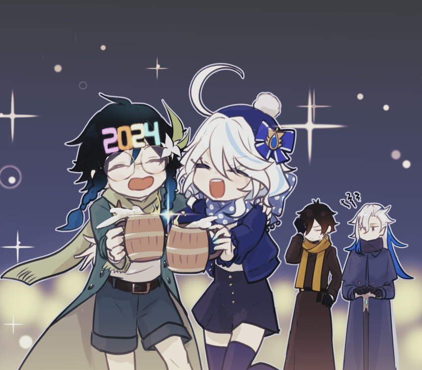 2024, ahoge, aqua_hair, belt, black_hair, blue_coat, blue_hair, blue_headwear, blue_jacket, blue_ribbon, braid, brown_coat, brown_hair, brown_scarf, closed_eyes, coat, cup, flower, furina_(genshin_impact), genshin_impact, glasses, green_coat, hair_flower, hair_ornament, hat, hat_ribbon, highres, holding, holding_cup, jacket, moonmumy, neuvillette_(genshin_impact), open_mouth, polka_dot, polka_dot_scarf, pom_pom_(clothes), ribbon, scarf, short_hair, shorts, twin_braids, venti_(genshin_impact), white_hair, yellow_scarf, zhongli_(genshin_impact)