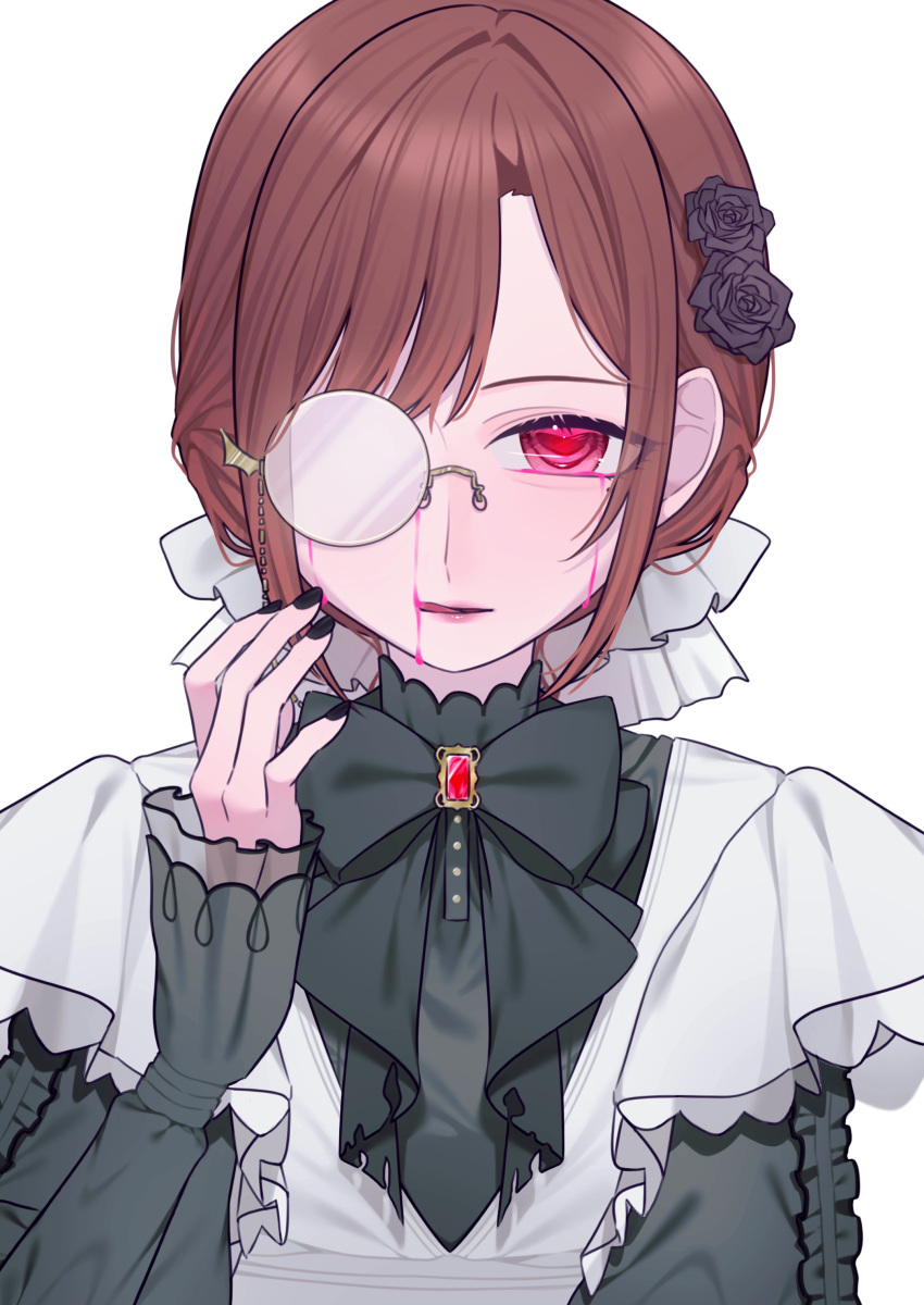 1girl, absurdres, alternate_costume, apron, black_dress, brown_hair, dress, enmaided