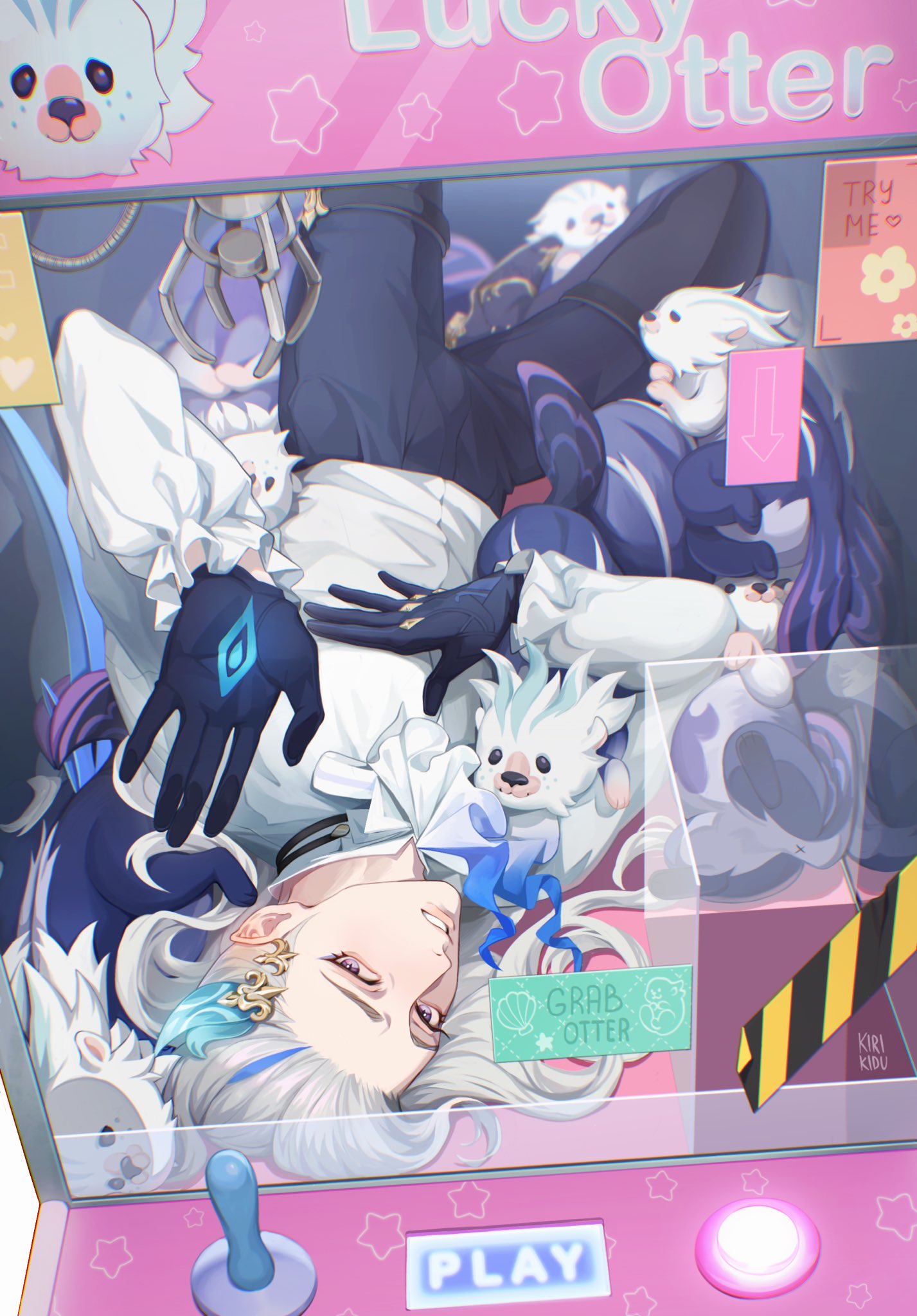 1boy, ascot, asymmetrical_gloves, blue_eyeliner, blue_eyeshadow, blue_hair, blue_headwear, crane_game