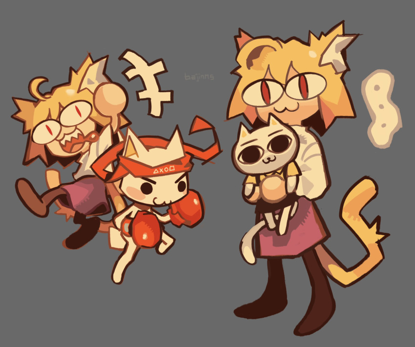 1boy, 2girls, :3, animal_ears, bajinns, black_socks, blonde_hair, boxing_gloves