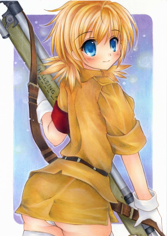 blonde_hair, hellsing, looking_back, panties, seras_victoria, shinonome86, short_hair, sleeves_rolled_up, thighhighs, underwear, weapon