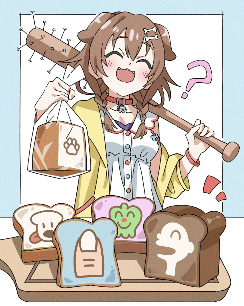 1girl, :3, ?, animal_ears, animal_print, bag, baseball_bat, blush, bone_hair_ornament, braid, bread, brown_hair, buttons, choker, closed_eyes, cutting_board, dog, dog_ears, dog_girl, dog_print, double-parted_bangs, dress, fangs, flower_035, food, green_pepper, hair_between_eyes, hair_ornament, hairclip, happy, highres, holding, holding_bag, holding_baseball_bat, holding_weapon, hololive, inugami_korone, inugami_korone_(1st_costume), jacket, low_twin_braids, nail, nail_bat, open_clothes, open_jacket, paw_print, red_choker, solo, twin_braids, weapon, white_dress, yellow_jacket