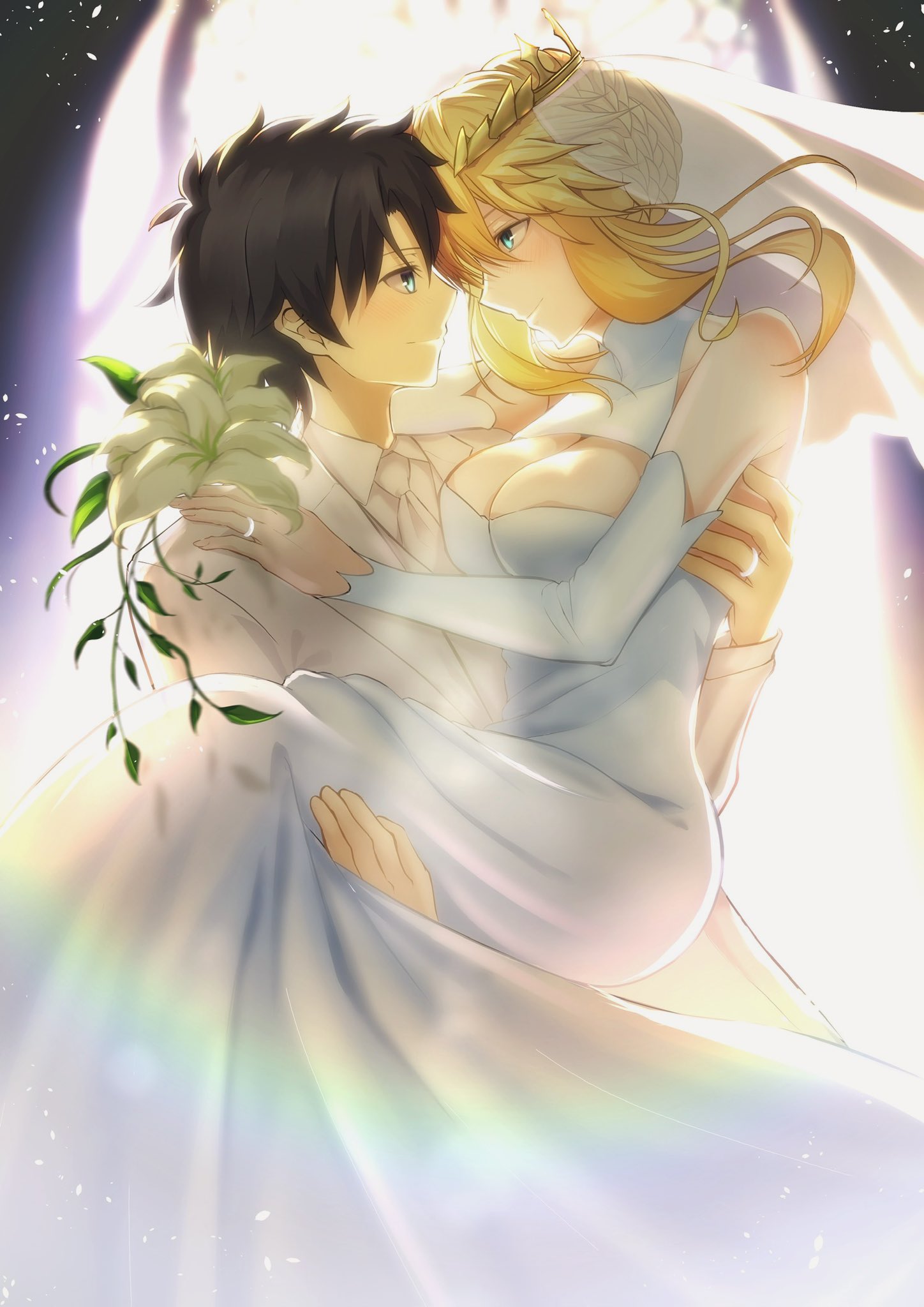 1boy, 1girl, artoria_pendragon_(fate), artoria_pendragon_(lancer)_(fate), black_hair, breasts, bridal_veil, carrying, crown, dress, fate/grand_order, fate_(series), flower, fujimaru_ritsuka_(male), highres, jewelry, large_breasts, light, princess_carry, ring, toomishou, tuxedo, veil, wedding, wedding_dress, wedding_ring, white_dress