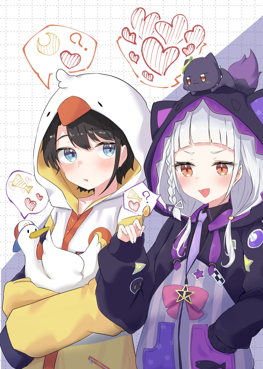 2girls, absurdres, animal, animal_ears, animal_hood, ao_growth_20, baseball_cap, beak, bird, black_hair, blue_hair, blush, closed_mouth, duck, grid_background, hand_in_pocket, hat, heart, highres, holding, holding_animal, hololive, hood, hood_up, hoodie, long_hair, long_sleeves, multiple_girls, murasaki_shion, oozora_subaru, open_mouth, orange_eyes, purple_hood, shiokko_(murasaki_shion), short_hair, sideways_glance, speech_bubble, subaru_duck, white_hair, white_hood