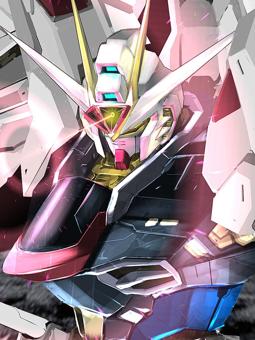 glowing, glowing_eyes, gundam, gundam_seed, gundam_seed_freedom, light_particles, looking_at_viewer, mecha