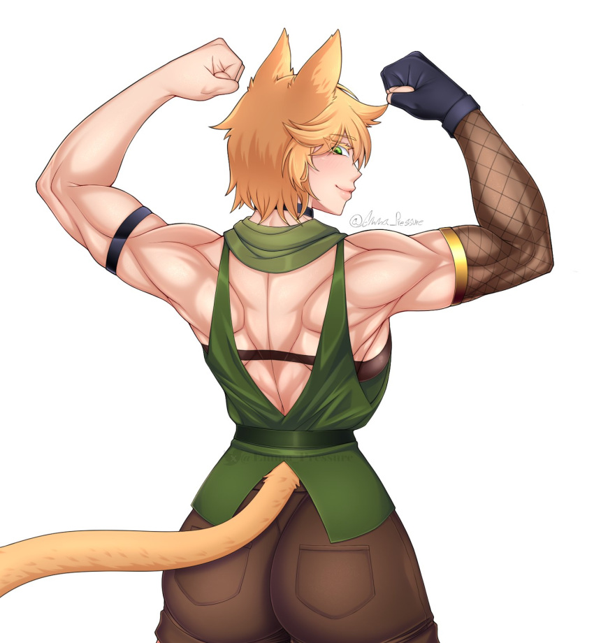 1girl, animal_ears, arms_behind_back, blonde_hair, breasts, cat_girl, cat_tail, emma_pressure