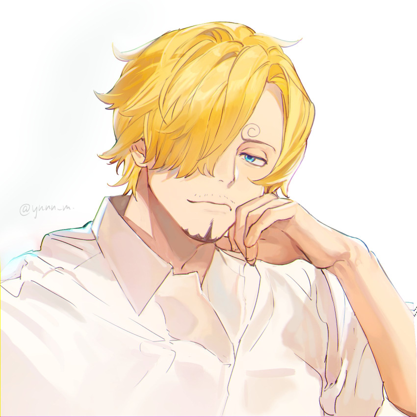 1boy, artist_name, beard_stubble, blonde_hair, blue_eyes, collared_shirt, curly_eyebrows, facial_hair, hair_over_one_eye, hand_on_own_cheek, hand_on_own_face, highres, long_bangs, male_focus, mustache_stubble, one_piece, sanji_(one_piece), shirt, short_hair, simple_background, stubble, upper_body, white_background, white_shirt, ynnn_m