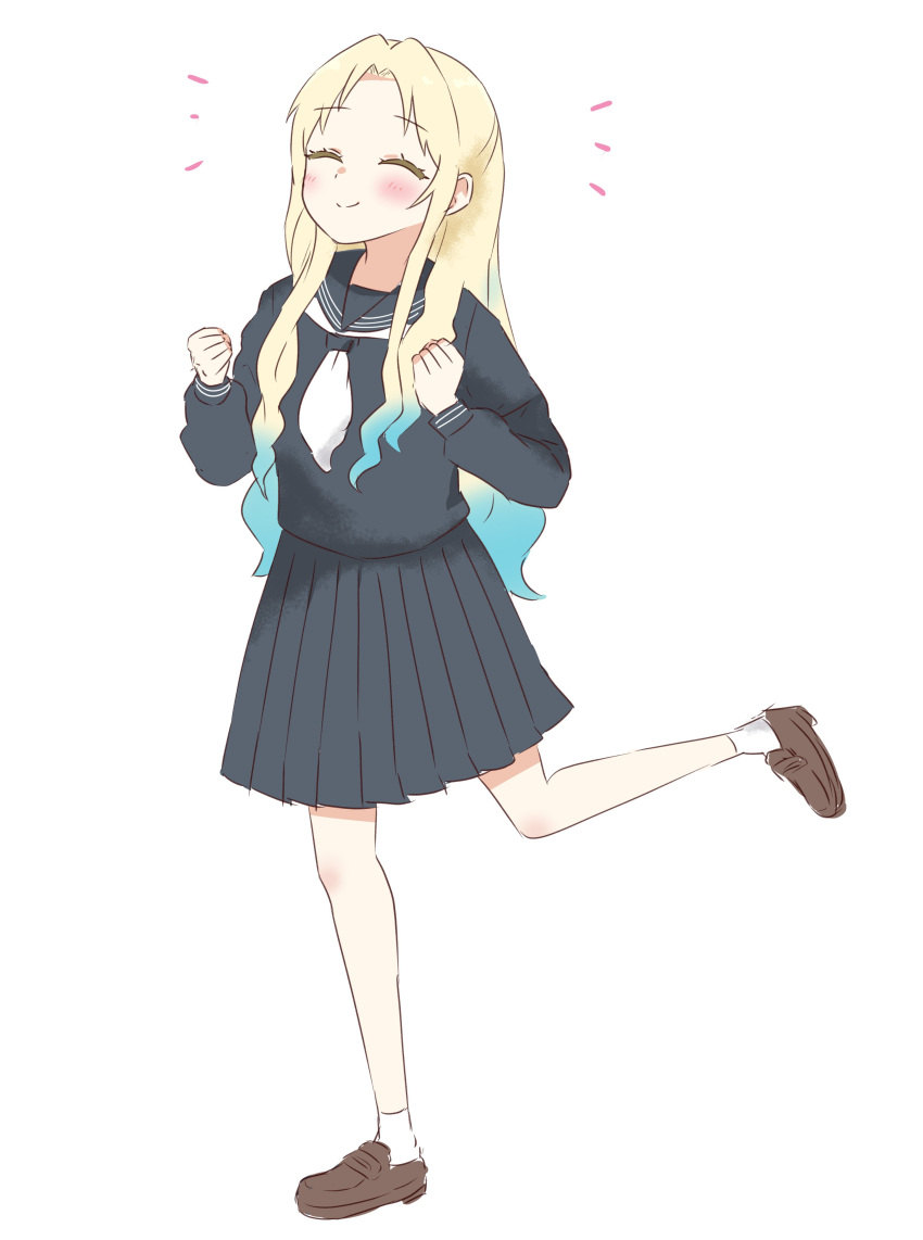 1girl, absurdres, alternate_costume, ankle_socks, aqua_hair, black_serafuku, blonde_hair, blush