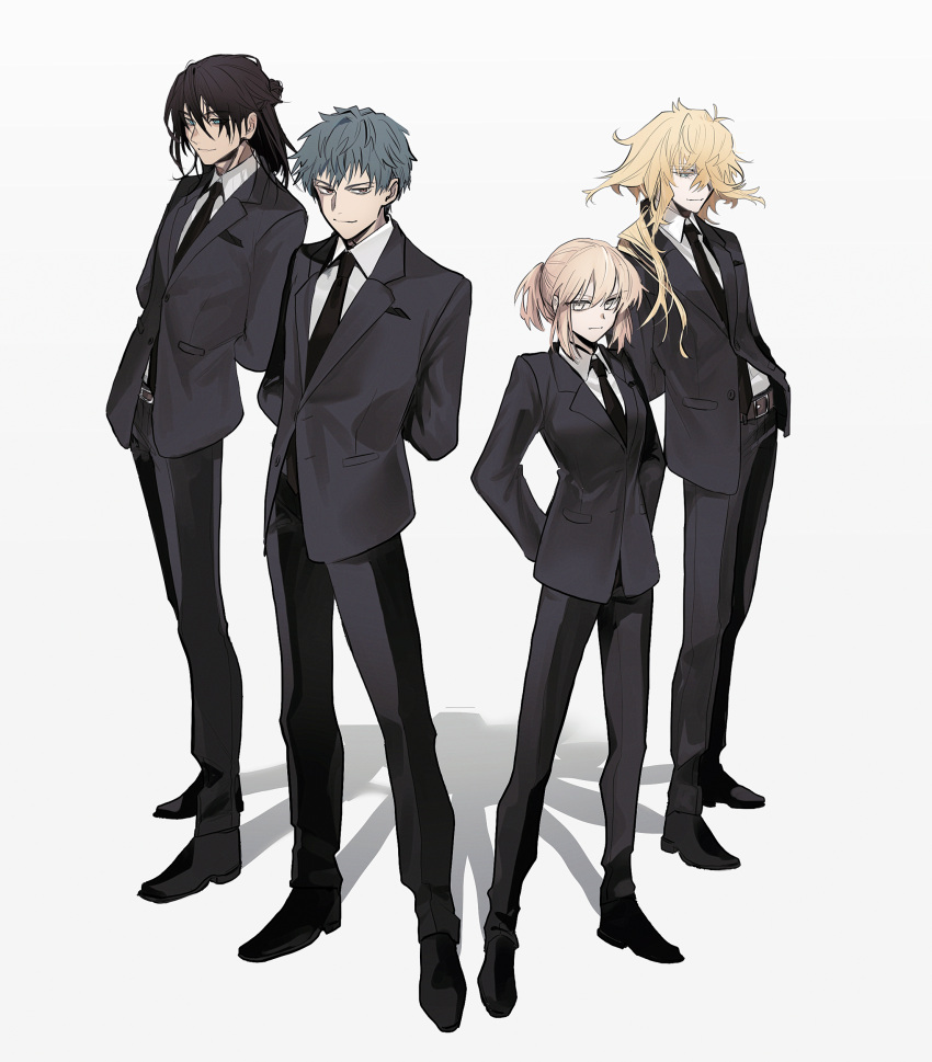1girl, 3boys, absurdres, alternate_costume, arms_behind_back, belt, belt_buckle, black_footwear