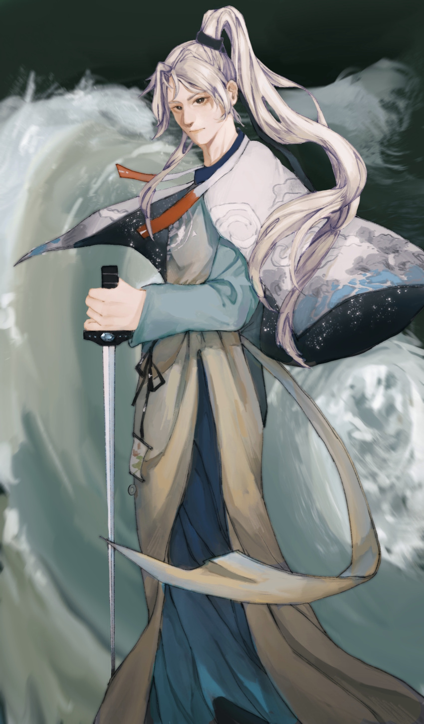 1boy, absurdres, black_eyes, chinese_clothes, coat, floating_clothes, floating_hair, from_side