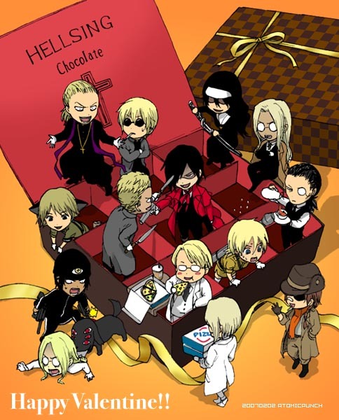 alucard_(hellsing), animal_ears, beanie, blonde_hair, box, cross, dog, dog_ears