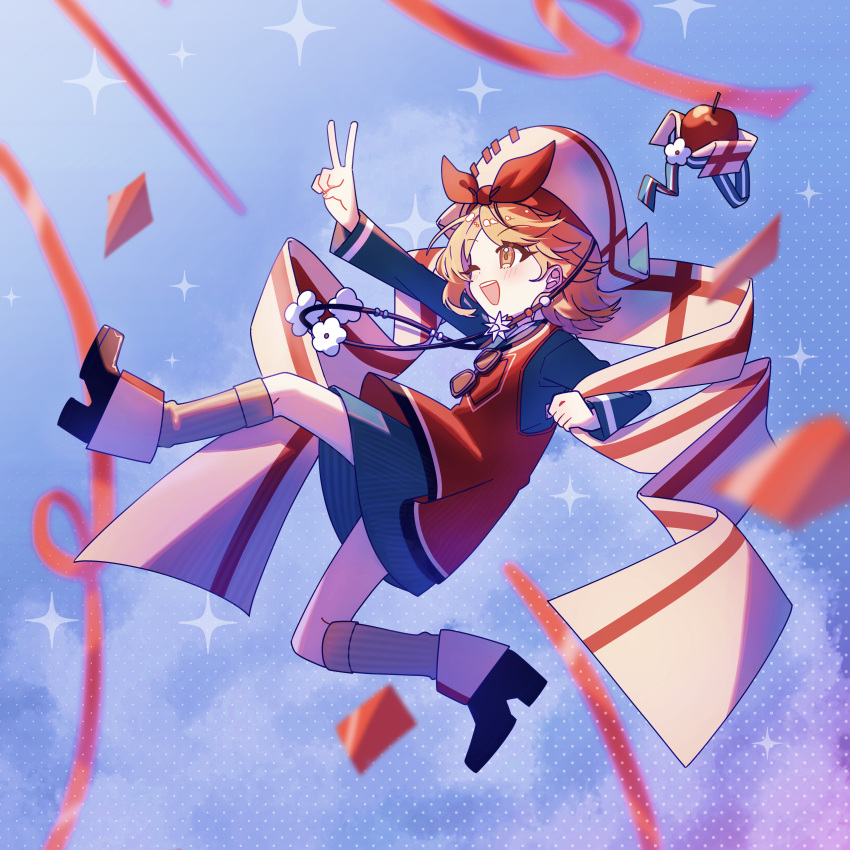 1girl, ;d, absurdres, ankle_boots, apple, apple_(reverse:1999), bicorne, black_footwear, blue_shirt, blue_sky, blurry, blurry_background, blurry_foreground, boots, bow_hairband, brown_hair, clouds, confetti, cross_of_saint_george, eyewear_hang, flower, flower_necklace, fold-over_boots, food, from_side, fruit, full_body, hairband, hat, highres, holding_banner, jumping, kneehighs, legs_up, long_sleeves, looking_ahead, one_eye_closed, orange_eyes, outstretched_arm, oversized_clothes, red_hairband, red_vest, regulus_(reverse:1999), regulus_(the_fierce_fan)_(reverse:1999), reverse:1999, sanjuqing'an, shirt, short_hair, sidelighting, sky, smile, socks, solo, sparkle, sunglasses, teeth, unworn_eyewear, upper_teeth_only, v, vest, white_headwear, white_socks