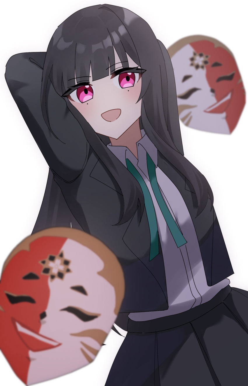1girl, :d, absurdres, arm_behind_head, black_hair, black_jacket, black_skirt, blazer