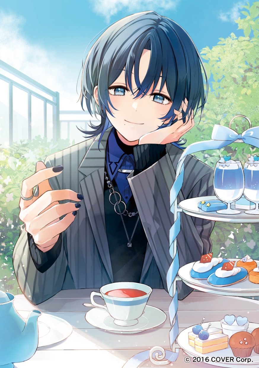 1girl, black_shirt, blue_eyes, blue_hair, blue_shirt, collared_shirt, copyright_name, copyright_notice, cup, ear_piercing, food, grey_jacket, hair_between_eyes, hand_on_own_face, highres, hiodoshi_ao, hololive, hololive_dev_is, jacket, jewelry, kettle, long_sleeves, looking_at_viewer, medium_hair, mole, mole_under_mouth, musshu_(omu001), nail_polish, necklace, official_art, outdoors, piercing, plate, shirt, sitting, solo, striped_clothes, striped_jacket, suit, table, teacup, vertical-striped_clothes, vertical-striped_jacket, virtual_youtuber