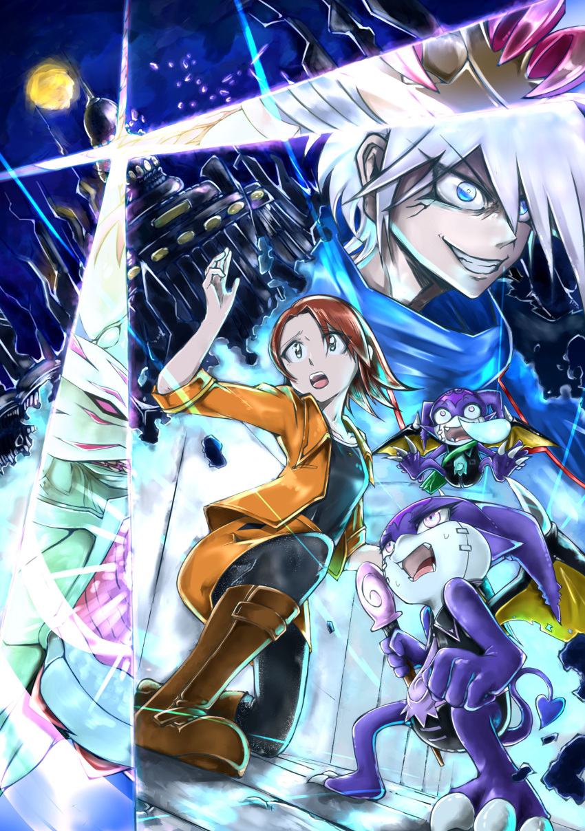 absurdres, arkadimon_ultimate, castle, claws, demon, demon_girl, digimon, digimon_(creature), digimon_adventure_v-tamer_01, highres, jiyuuya, petitmamon, saiba_neo, saiba_rei, sharp_teeth, staff, tail, teeth, wings
