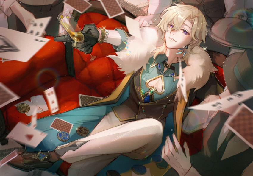 1923rash, 1boy, aqua_shirt, aventurine_(honkai:_star_rail), black_footwear, black_gloves, black_jacket, blonde_hair