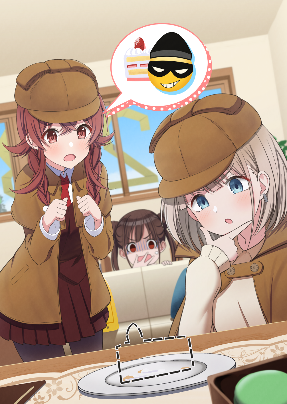 3girls, braid, brown_cape, brown_dress, brown_hair, brown_headwear, cape, commentary_request
