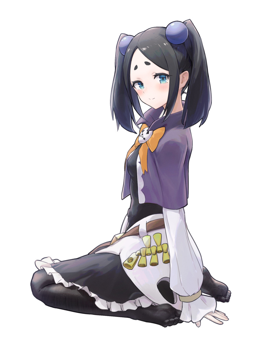 1girl, aisaka_ll, black_dress, black_hair, black_pantyhose, blue_eyes, blush, breasts, capelet, closed_mouth, dress, frilled_dress, frills, from_side, full_body, futoku_no_guild, hair_bobbles, hair_ornament, hand_on_floor, highres, light_smile, long_bangs, looking_at_viewer, pantyhose, purple_capelet, seiza, short_hair, short_twintails, sitting, small_breasts, soles, solo, toes, tokishikko_dana, twintails, white_sleeves