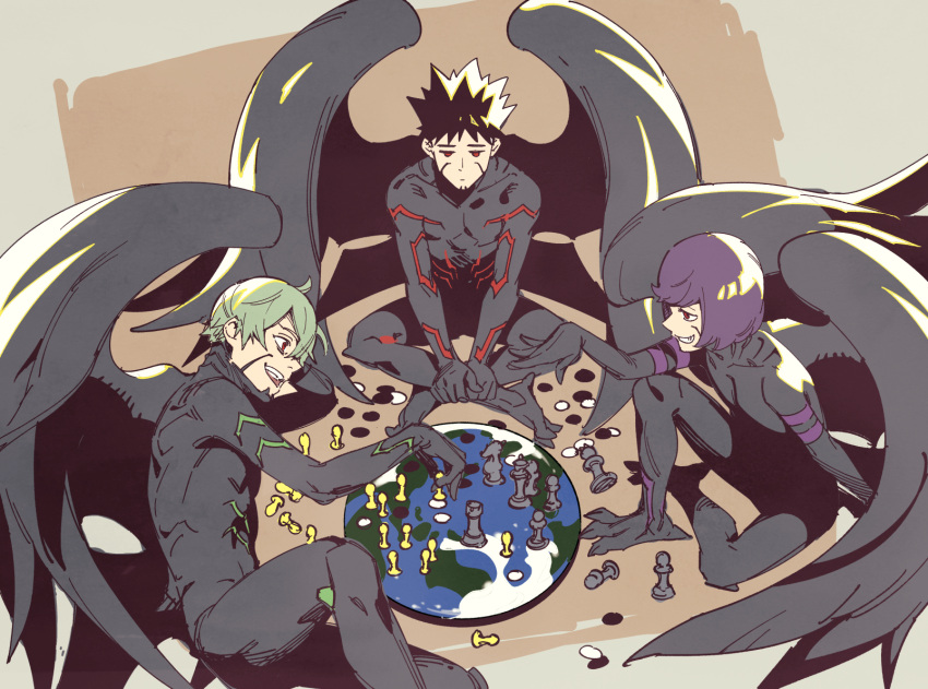 1girl, 2boys, akakokko_(niro_azarashi), alva_larson, birdmen, black_bodysuit, black_hair, black_wings