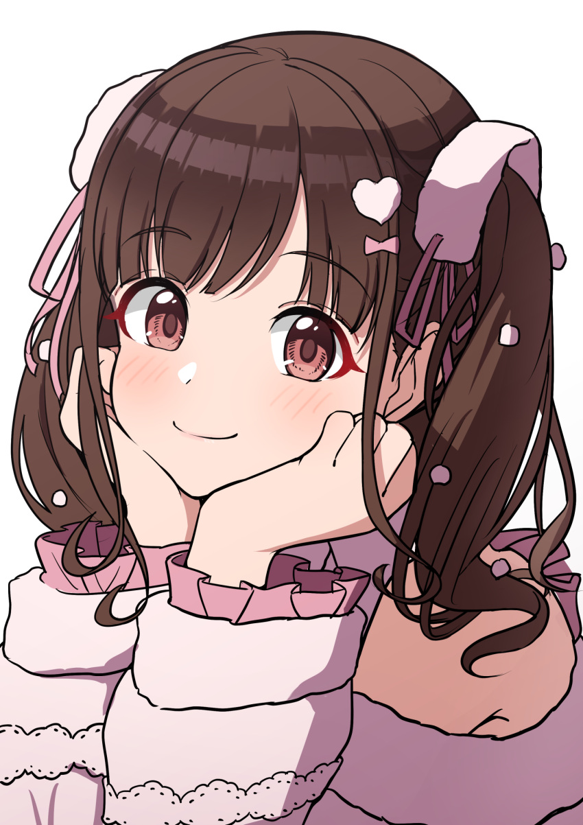 1girl, blush, brown_hair, clothing_cutout, hands_on_own_cheeks, hands_on_own_face, highres, idolmaster